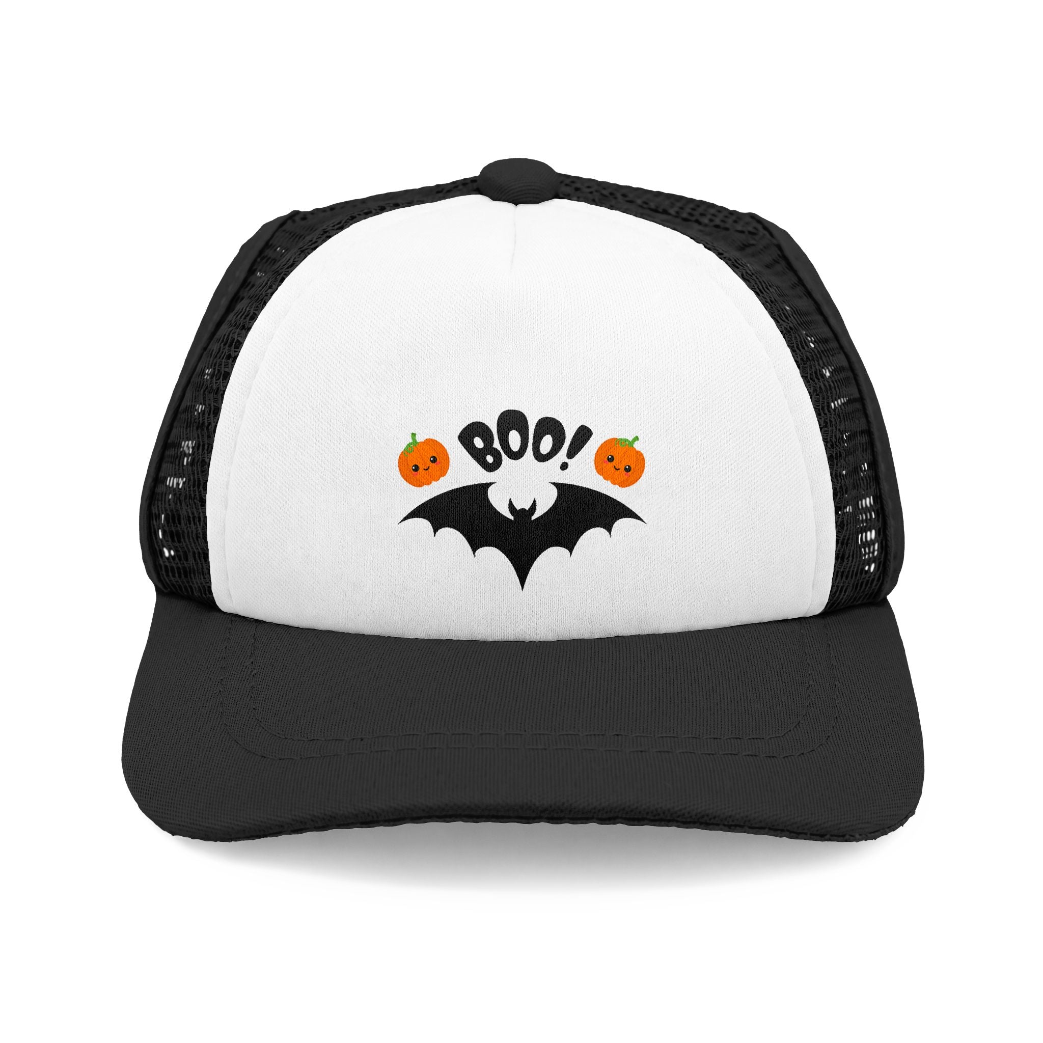 Halloween Dog Trucker Hat — "Boo!" Bat & Pumpkin Foam Front Cap