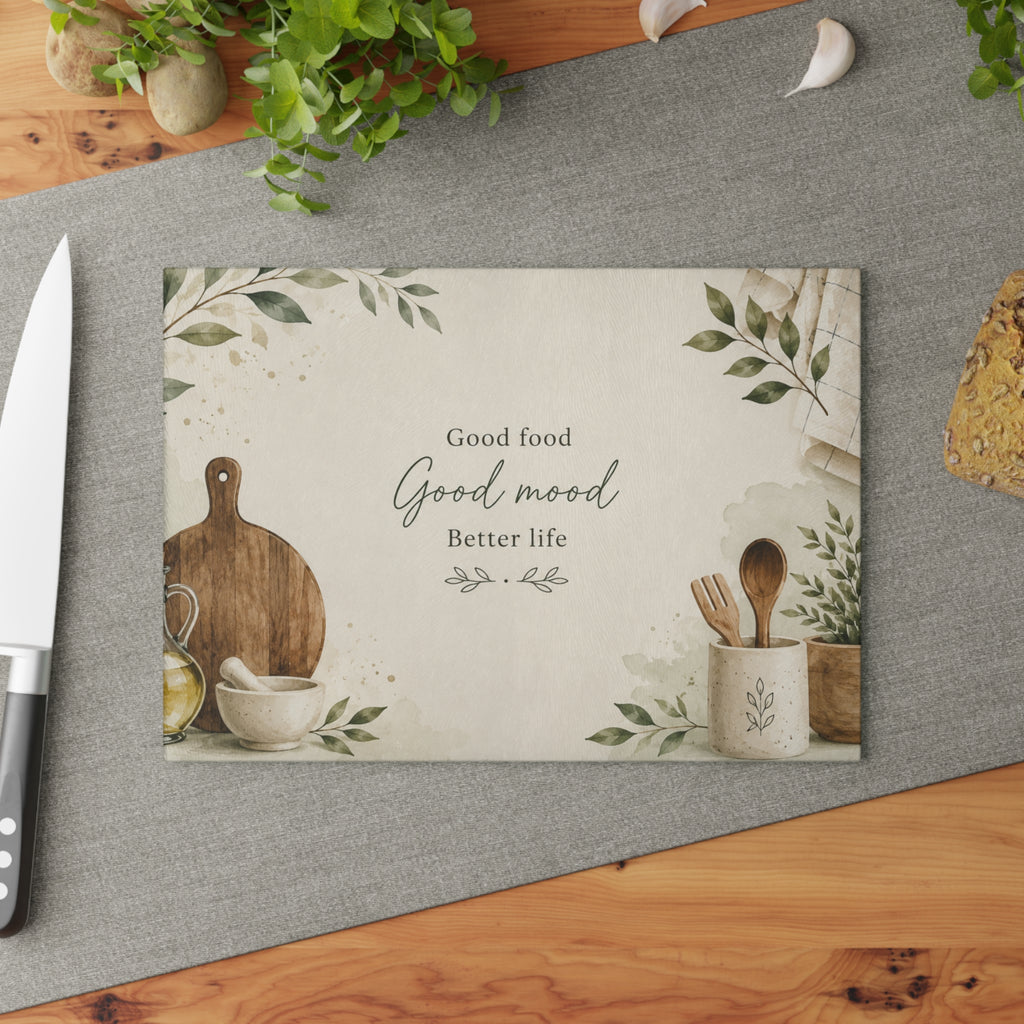 Glass Cutting Board - "Good food, Good mood" Kitchen Decor Cutting Board