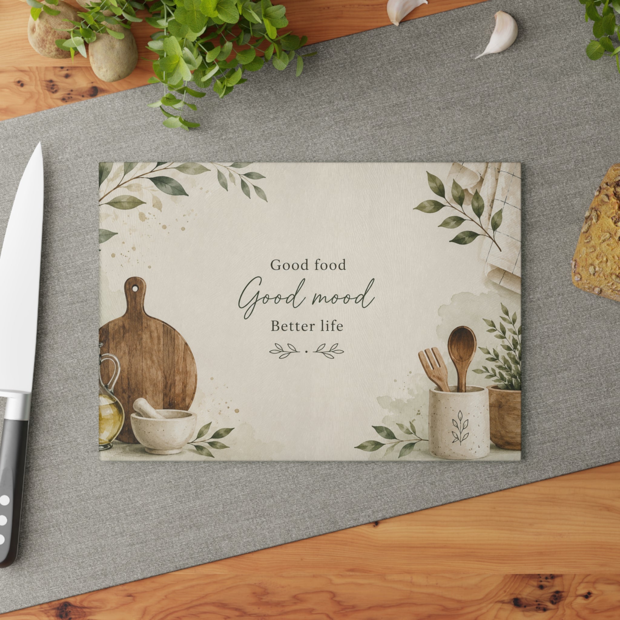 Glass Cutting Board - "Good food, Good mood" Kitchen Decor Cutting Board
