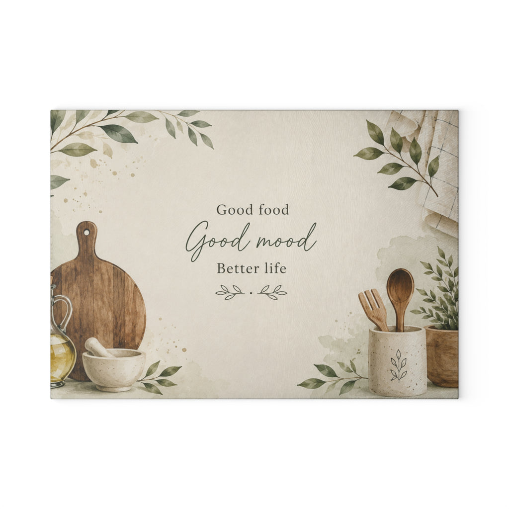 Glass Cutting Board - "Good food, Good mood" Kitchen Decor Cutting Board