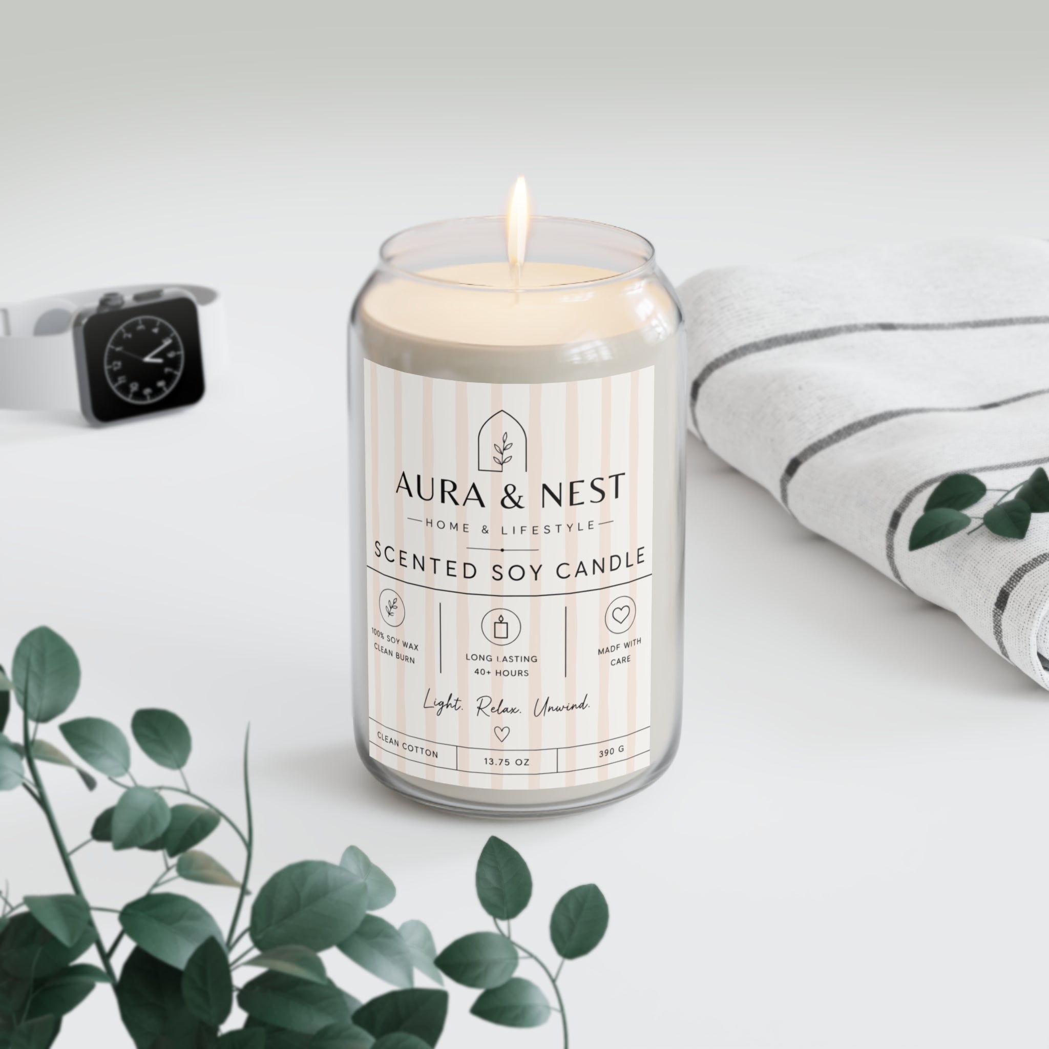 Scented Soy Candle 13.75oz — Aura & Nest Cotton: Long-Lasting, Clean-Burning Home Fragrance
