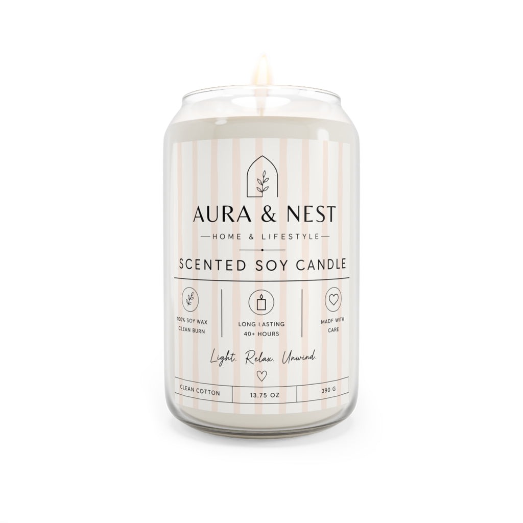 Scented Soy Candle 13.75oz — Aura & Nest Cotton: Long-Lasting, Clean-Burning Home Fragrance