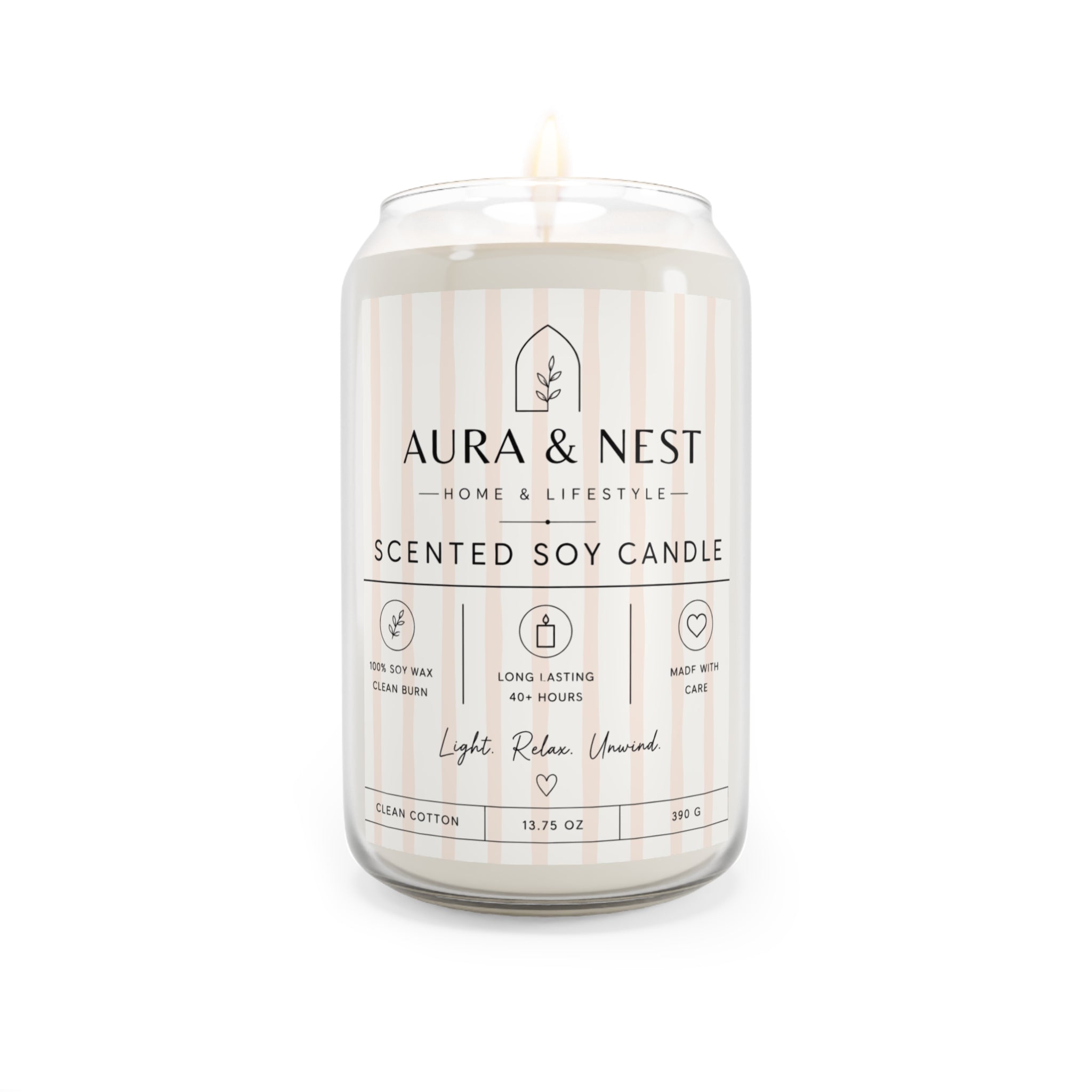 Scented Soy Candle 13.75oz — Aura & Nest Cotton: Long-Lasting, Clean-Burning Home Fragrance
