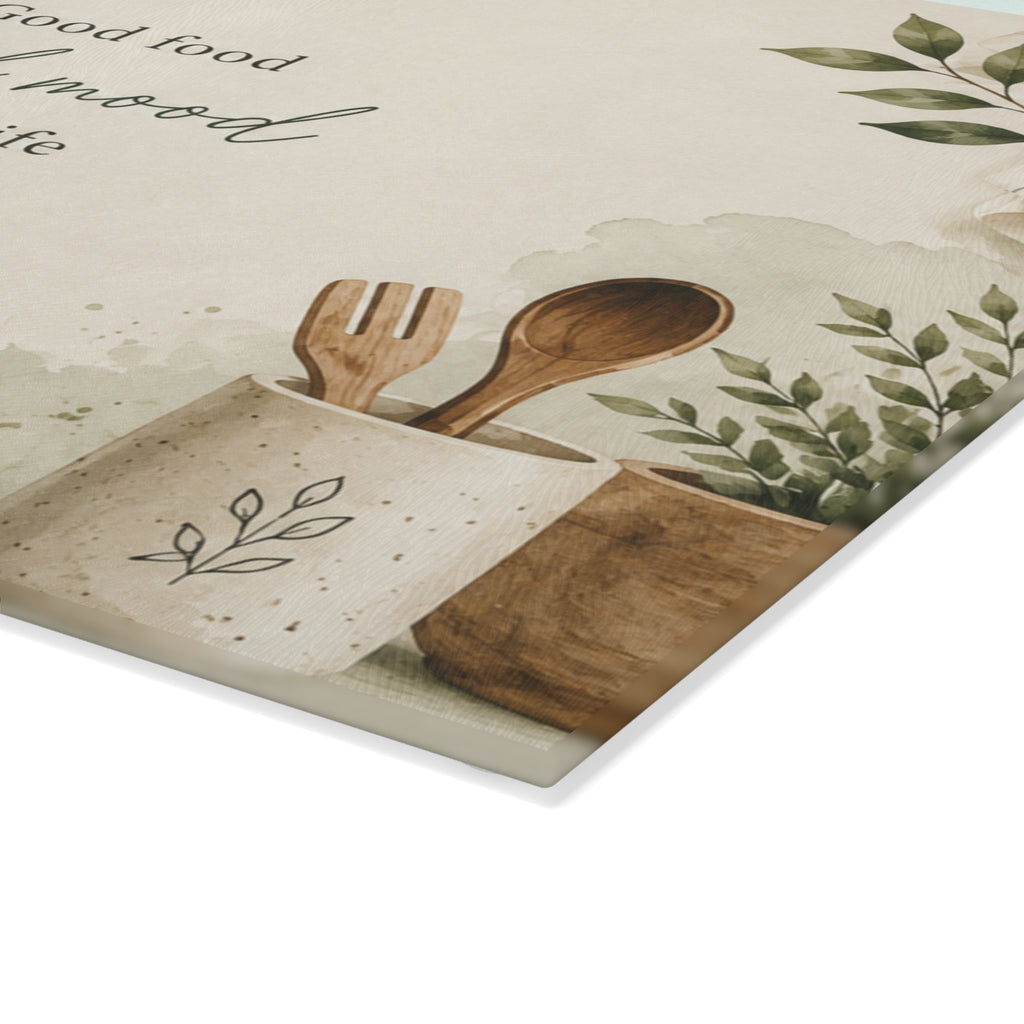 Glass Cutting Board - "Good food, Good mood" Kitchen Decor Cutting Board